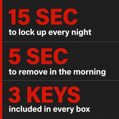 15 seconds to lock, 5 seconds to remove, 3 keys included